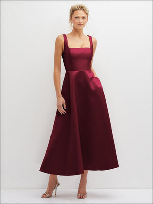 Deep burgundy satin midi dress with square neckline and full skirt, sleeveless.
