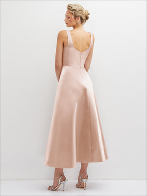 Open V-back satin midi dress with full skirt, sleeveless, light blush pink
