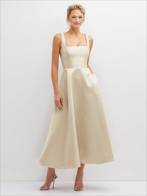 Ivory satin square-neck midi dress with full skirt