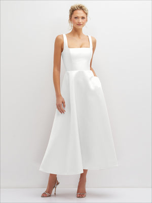 Square-neck satin midi dress in white, front view with thin straps and A-line skirt