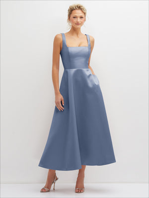 Square-neck satin midi dress in dusty blue with thin straps and full gathered skirt