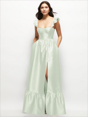 Front view of mint green satin corset maxi dress with ruffle straps and sweetheart bodice