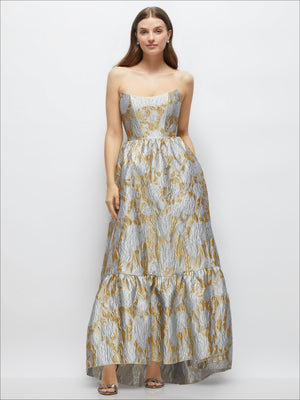 Strapless blue-and-gold brocade tiered maxi dress with fitted bodice