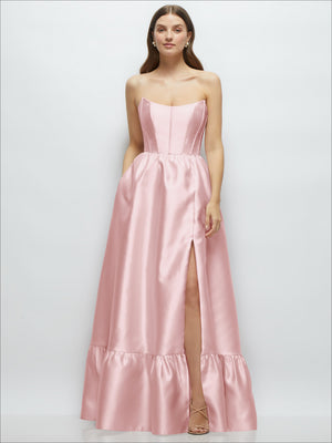 Dusty rose pink strapless satin maxi dress with boned bodice and ruffled hem