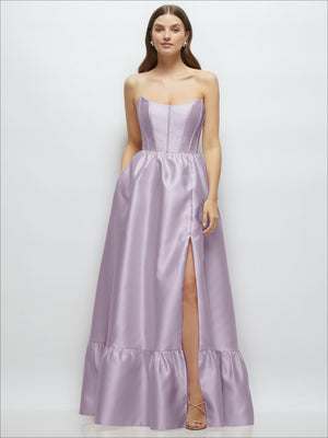 Lavender strapless maxi dress with fitted bodice and ruffle hem with side slit