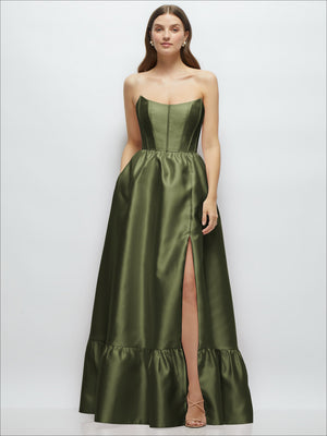 Olive green strapless maxi dress with boned bodice and tiered ruffle hem