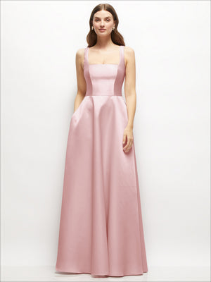 Blush pink satin maxi dress with square neckline and flowing full skirt