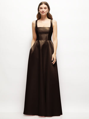 Dark square-neck satin maxi dress with full skirt and sleeveless bodice