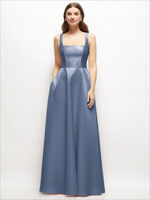 Square-neck satin maxi dress with full skirt, blue sleeveless bodice