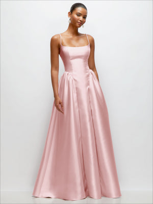Light pink satin maxi dress with spaghetti straps, scoop neck, and gathered basque waist