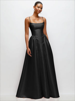 Black satin maxi dress with square neckline, thin straps, and gathered dropped waist