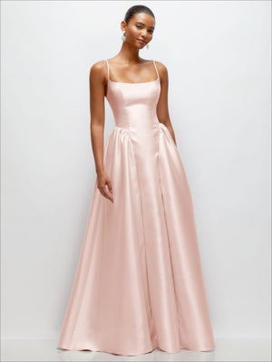 Light pink satin maxi dress with thin straps and scoop neck, pleated skirt from drop basque