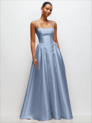 Satin maxi dress in periwinkle blue with scoop neckline and spaghetti straps, front view