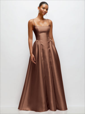 Satin maxi dress in dark brown with scoop neckline, spaghetti straps, and gathered waist.