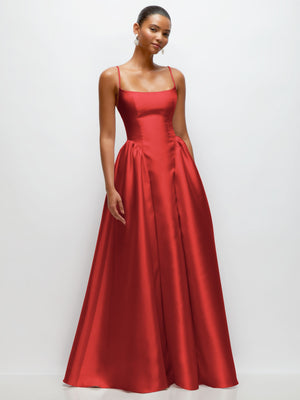 Red satin scoop-neck maxi dress with spaghetti straps and gathered basque waist