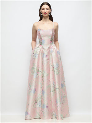 Floral satin maxi dress with scoop neck, spaghetti straps, drop basque waist