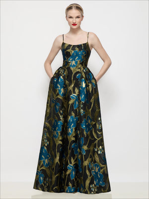 Floral jacquard maxi dress, scoop neck, thin straps; blue on dark base.