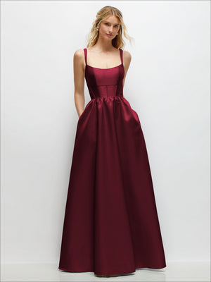 Burgundy satin corset maxi dress with scoop neckline and gathered waist