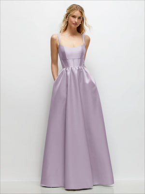 Scoop-neck satin maxi dress, mauve satin, corset-style bodice, thin straps, front view