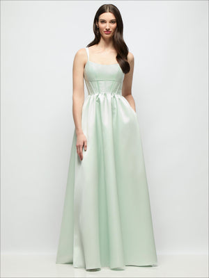 Mint green satin maxi dress with scoop neck, corset-style bodice, thin straps
