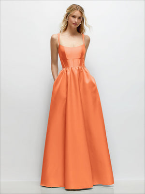 Orange satin corset maxi dress with scoop neckline and gathered waist