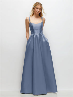 Scoop-neck satin maxi dress, slate blue, corset-style bodice, thin straps, front view