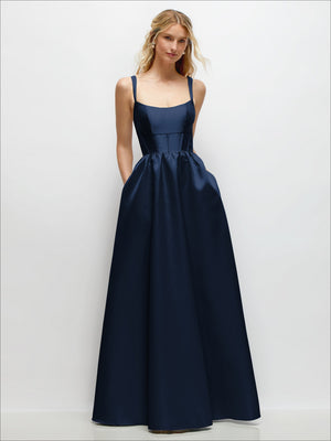 Dark blue satin corset-style maxi dress with scoop neckline and spaghetti straps