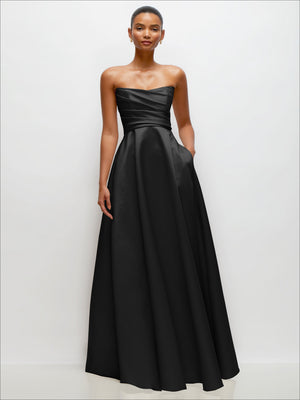 Black strapless draped satin maxi dress with corset bodice and full skirt, front view