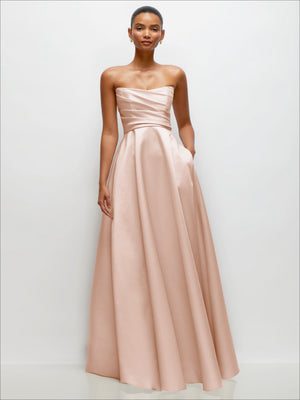 Pale blush satin strapless maxi dress with draped bodice and full skirt