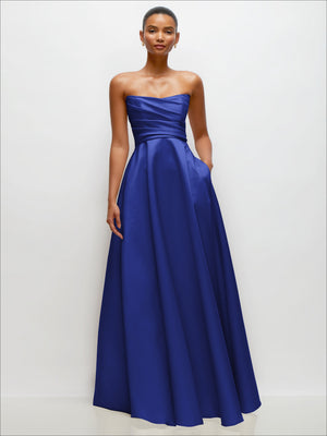 Blue strapless draped satin maxi dress with fitted bodice and full skirt