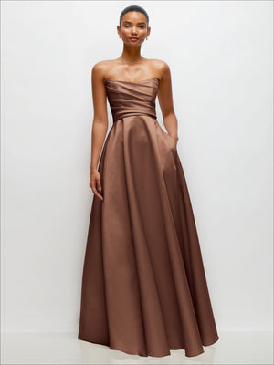 Rose brown satin strapless maxi dress with draped bodice and full skirt
