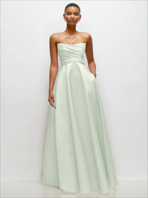 Strapless draped satin maxi dress in mint green with cinched waist and full skirt