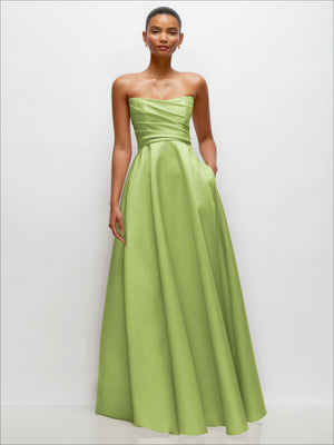 Strapless draped satin maxi dress in lime green with cinched waist and full skirt