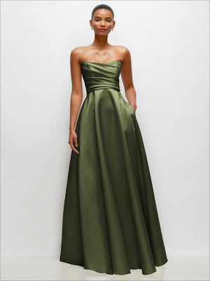 Olive green strapless satin maxi dress with draped bodice and full A-line skirt.