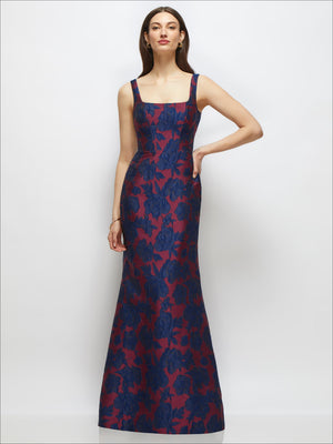 Floral jacquard square-neck maxi dress, burgundy and dark navy trumpet skirt
