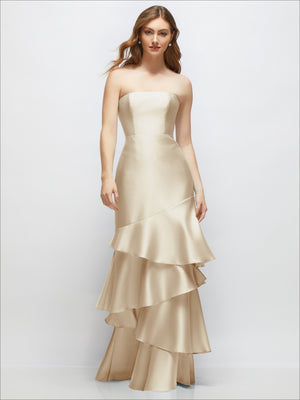 Champagne strapless bodycon maxi dress with tiered ruffle skirt