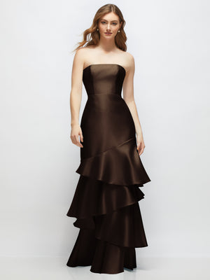 Dark brown strapless bodycon maxi dress with tiered ruffle skirt