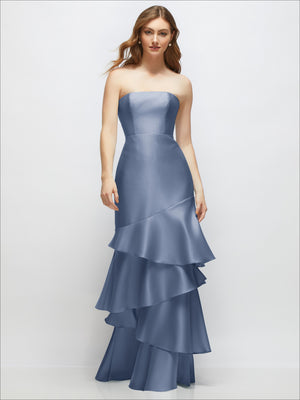 Powder blue strapless bodycon maxi dress with tiered ruffle hem