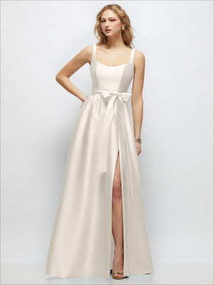 Scoop-neck tank maxi dress in ivory white with waist tie, side slit, and full skirt