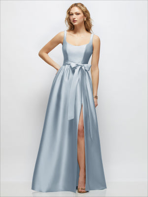 Satin scoop-neck tank maxi dress with bow waist and front slit, powder blue