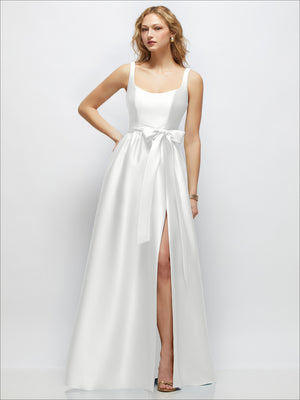 White scoop-neck maxi dress with full skirt, sleeveless bodice, and tie-front slit