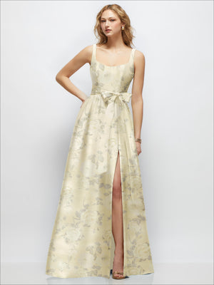 Butter yellow floral scoop-neck maxi dress with bow waist and front slit