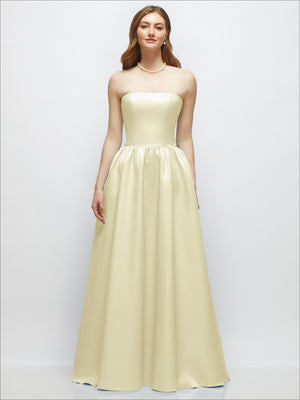 Strapless satin drop-waist gown with full skirt, champagne gold.