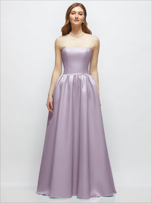 Lilac strapless satin drop-waist gown with full skirt, sleeveless fitted bodice