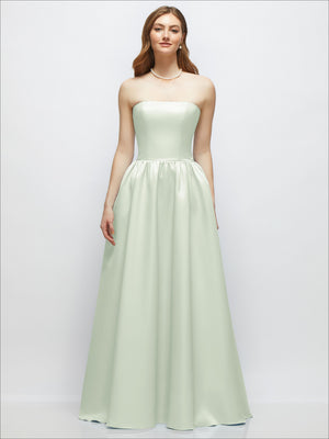 Sage satin strapless drop-waist gown with gathered waist and flowing full skirt.