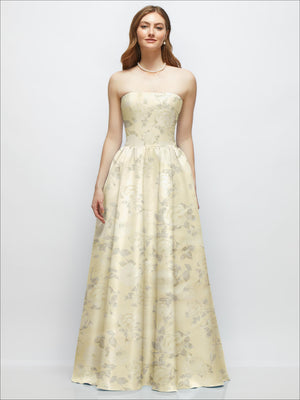Floral strapless satin drop-waist gown with full skirt, butter yellow floral