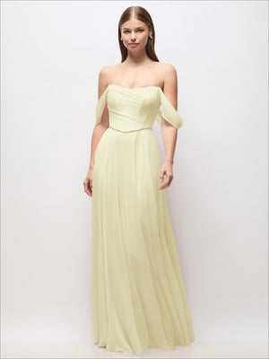 Off-shoulder basque corset chiffon maxi dress, pale cream yellow with off-shoulder sleeves