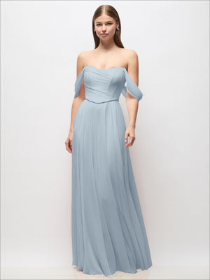Off-shoulder chiffon maxi dress in powder blue, off-shoulder neckline, corset basque waist