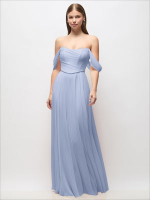 Off-shoulder chiffon maxi dress in powder blue, basque corset bodice, draped chiffon skirt