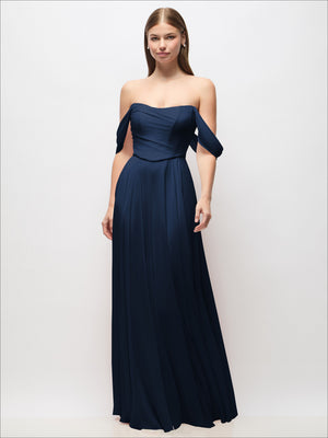 Off-shoulder chiffon maxi dress with corset bodice and draped arm sleeves, navy blue.
